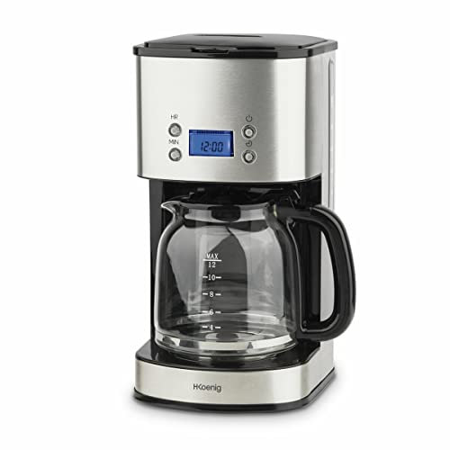 H.Koenig Cafetière Programmable à filtre Inox 1,5L (12 tasses) MG30, 1000W Carafe en Verre Gradué, Système Anti-Gouttes, Maintien au chaud, Ecran LDC, Arrêt automatique, Porte-filtre amovible lavable