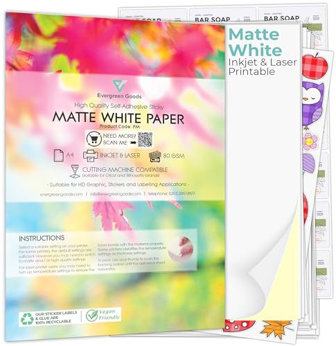 Evergreen Goods 100 Sheets A4 Printable Sticker Paper | Matte White Self-Adhesive Label for Inkjet & Laser Printer | Strong Sticky Back Paper | For DIY Arts & Crafts | Product Labels & Custom Printing