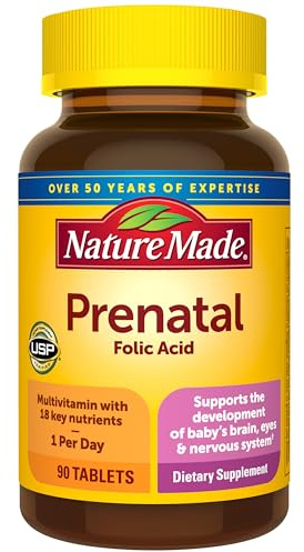 Nature Made Prenatal Multivitamin with Folic Acid, Vitamin & Mineral Supplement, Daily Nutritional Support, Prenatal Vitamins for Women, 90 Tablets, 90 Day Supply