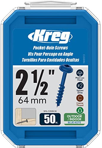 Kreg SML-C250B-50 - Tornillos de bolsillo Kote azul, 2 1/2 pulgadas, rosca gruesa, cabeza maxi-Loc (50 unidades)