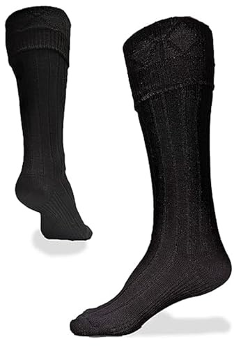 UT Kilts Hose for Men, Traditional Scottish Socks, Ribbed Design, Pull Up To Cuff Over Kilt Hose Flashes, (USA Men's Shoe Size Large 11.5+, Black)