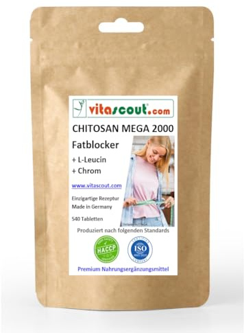 CHITOSAN MEGA 2000 + L-Leucin + Chrom - 540 Tabletten - Fatblocker - Neue verbesserte Rezeptur - Hochdosiert - Ohne Magnesiumstearat - Unterstützt normalen Fettstoffwechsel und Blutzuckerspiegel
