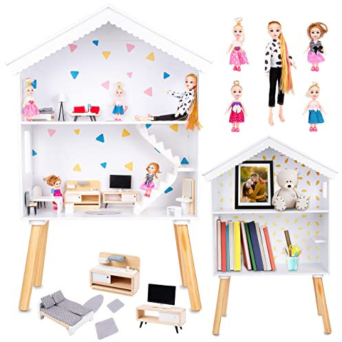 Puppenhaus aus Holz – 100 cm Groß, 2 Etagen mit Treppe & Möbeln – Für 30 cm Modepuppen – Modernes Weiß – inkl. 5 Puppen – Kinderplay Green Series GS0024
