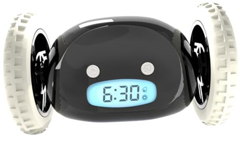CLOCKY Sveglia Rumorosa per chi ha il Sonno Pesante Dormiglioni Pesante Sordi Ruote Sveglia Digitale da Comodino per Dormienti Rumorissima Adulti Bambini che Scappa Cammina Regali Divertenti (Nero)