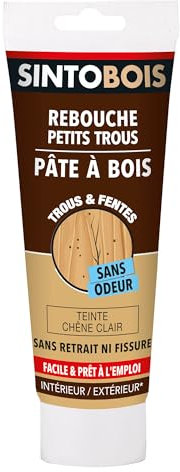 SINTO Pâte à Bois pour Reboucher les Petits Trous dans le Bois Chêne Clair - 250g - Sans Odeur - Séchage en 4h - Intérieur et Extérieur