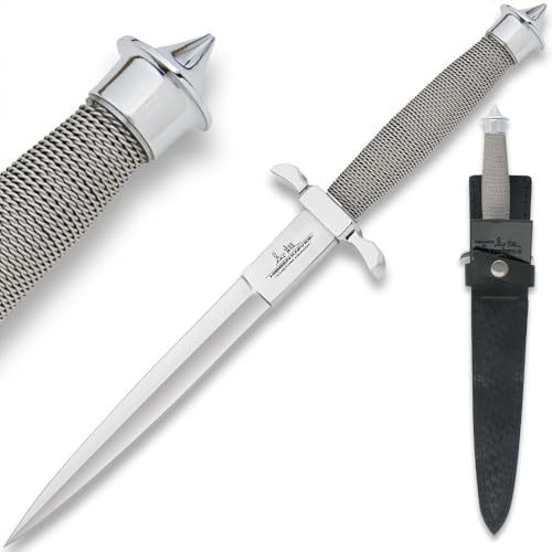 GIL HIBBEN Silver Shadow Dagger Knife With Leather Sheath - Double-Edged Stainless Steel Blade, Wire-Wrapped Handle, Signature Stamp, Must-Have for Hibben Collectors - Length 12 1/4