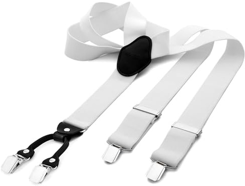DonDon Bretelle uomo larghe 3,5 cm 4 clips in pelle a y - elastiche e regolabili bianche