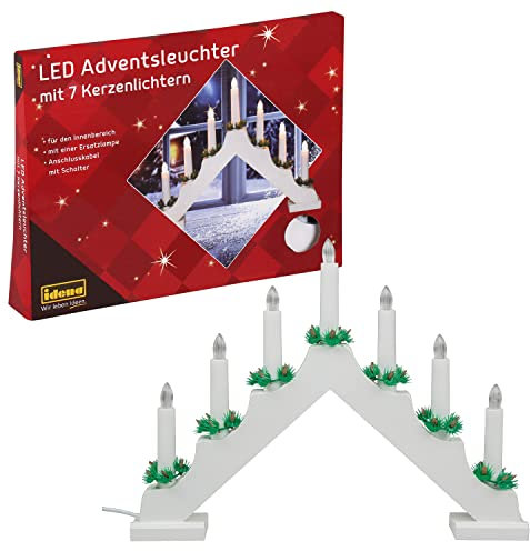 Idena 31837 - LED Adventsleuchter mit 7 LED Kerzenlichtern in Warmweiß, Schwibbogen aus weiß lackiertem Holz, mit Ersatzlampe und Schalter, Deko für Innen, als Winter-, Advents- und Weihnachtsdeko