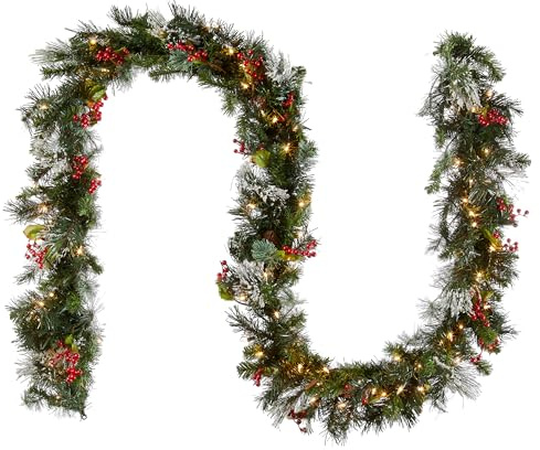 National Tree Company 9 ft Pre-Lit Wintry Pine Flocked Artificial Christmas Garland, Christmas Decoration with Pinecones, Red Berries, 100 Clear Lights, 184 Tips, Green
