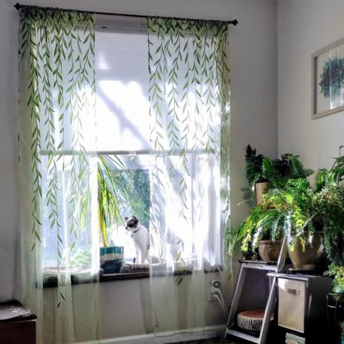 BROSHAN Green Sheer Window Curtain - 2 Panel Leaf Printed Sheers With Pocket Design for Kids Bedroom, Living Room, Nursery - Pretty Vine Pattern