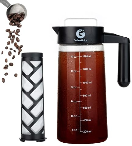 Coffee Gator Cold Brew Coffee Maker - 47 oz Iced Tea and Iced Coffee Maker and Pitcher with Borosilicate Glass Carafe, Filter - Black