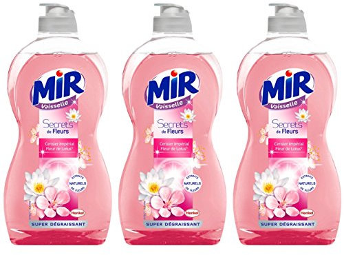 Mir Vaisselle - Secrets de Voyage - Médiation au Japon - Super Dégraissant - Liquide Vaisselle - Fleurs de Lotus - Cerisier Impérial - 95% d'ingrédients d'origine naturelle - Lot de 3 x 500 mL