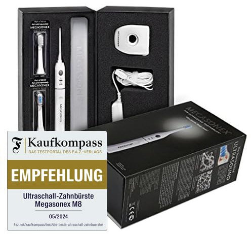 2x MEGASONEX Ultraschall-Zahnbürste M8 Set - 2 Vibrations-Stufen - inkl. Ladestation & 2 Bürstenköpfen - Doppelpack