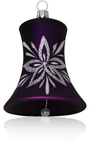 Lauschaer Glas Christbaumschmuck Glocken groß mit Schlägel lila matt mit Blumendekor 2 Stück d 7cm Christbaumschmuck Weihnachtsbaumschmuck mundgeblasen, handdekoriert