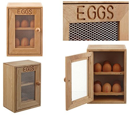 HomeZone Wooden Cabinet Cupboard Egg Storage - Holds a Dozen (x12) Eggs - 2 Shelves With 6 Slots Each - Wire Mesh Door Panel - Storage Box Crate