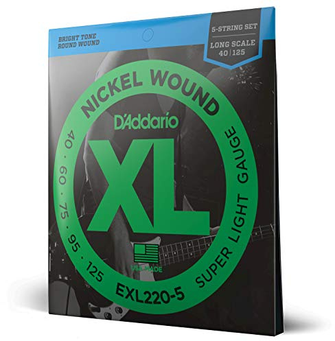 D'Addario Corde Basso Elettrico - XL EXL220-5 - 5 Corde - Lunga Scala, Super Luce, 40-125 - 1-Pacchetto