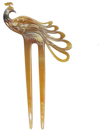 Marycrafts Horquilla de Dos Púas Pavo Real de Cuerno Natural, Palo para Moño Mujer Hecho a Mano 16 cm