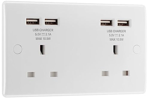 BG Electrical 824U44 Double Unswitched 13 Amp Power Socket with Four USB Type A Charging Ports, 21W, White Moulded, Round Edge