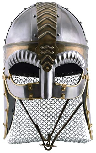 Battle-Merchant Brillenhelm Beowulf mit Wangenklappen und Kettenbrünne mit verstellbarem Lederinlay - Wikingerhelm aus Stahl für Erwachsene