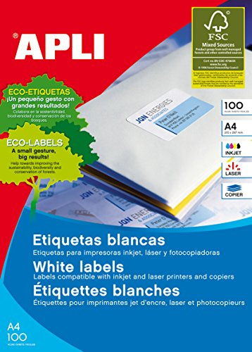 APLI 1285 - Etiquetas blancas permanentes adhesivas imprimibles, Inkjet-Laser-Copy, tamaño etiqueta 48,5 x 25,4 mm, cantos rectos, pack de 100 hojas A4 (4400 etiquetas), ideal para sobres