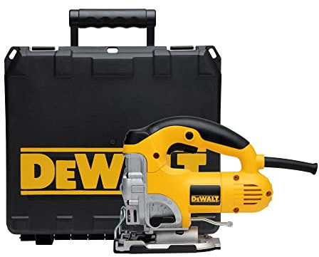 DEWALT DW331K-QS - Sierra de Calar, 701W, Velocidad Variable 0-3100 cpm, Corte en Madera 135 mm, Metal 12 mm, Acción Pendular, Cambio Rápido de Hoja, Base Ajustable, Incluye Maletín de Transporte