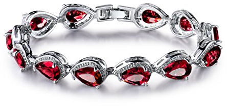GULICX Lady Party Teardrop Tennis Bracelet Link Chain Red Garnet Color Cubic Zirconia Silver Tone