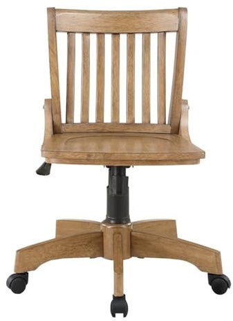 Pemberly Row Traditional Wood Bankers Office Chair, Medium Brown Finish, Adjustable Seat Height, Slatted Back, 5-Wheel Caster Base, Solid Wood, Vintage-Style Desk Chair for Home Office Use