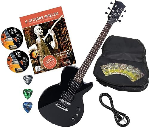 Rocktile LP-100 BL E-Gitarre Black mit Zubehör (Gitarren Gigbag Tasche, Kabel, Plektren, Gitarren Schule mit CD & DVD, Gitarrensaiten)