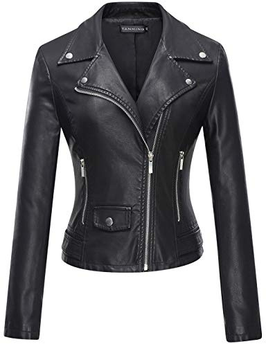 Tanming Women's Faux Leather Moto Biker Short Coat Jacket (Black-S)