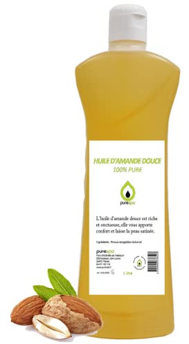 Huile d' AMANDE DOUCE pressée à froid- 100% Pure - 1 Litre, Purespa By Purenail, huile pour le soin du corps