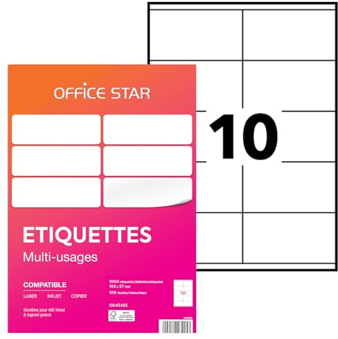 OFFICE STAR - 6500 Étiquettes Autocollantes Multi-Usages Blanches Personnalisables Imprimables - Format 38 x 21,2 mm - Impression Laset Jet d'Encre et Copieur