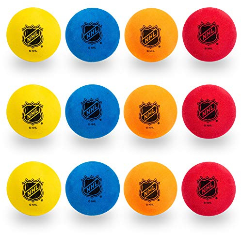 Franklin Sports Knee Hockey Balls - Indoor Mini Foam Hockey Balls for Kids - 12 Soft Foam Pack - Assorted Colors - Drawstring Bag
