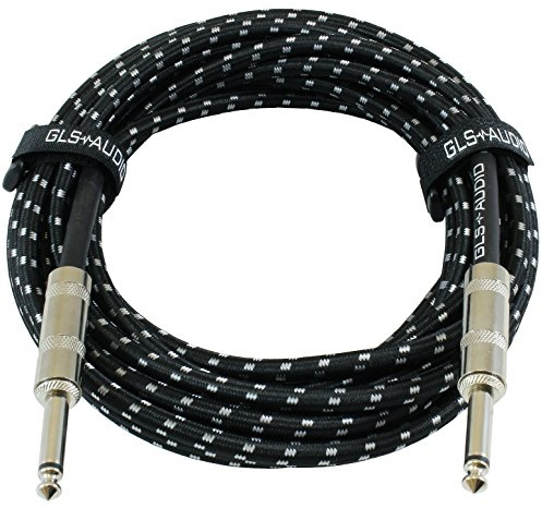 GLS Audio Instrument Cable - 1/4 Inch TS to 1/4 Inch - for Bass/Electric Guitar - Black/Grey Braided Tweed, 20 Ft - Electric Guitar Cable