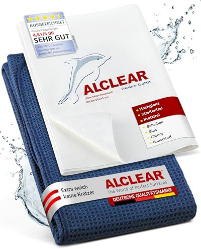 ALCLEAR 820002 Mikrofasertuch Set Fenster 2-teilig: 60x45 cm Fenstertuch & 60x40 cm Trockentuch – streifenfrei, fusselfrei – für Fenster, Spiegel, Glas, Auto, Haushalt, Bad, Küche, Glastuch Reinigung