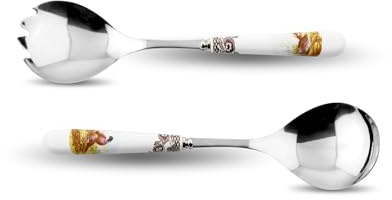 Spode Woodland Salad Servers – 10 Inch Porcelain & Steel Set Featuring Pheasant, Quail, Pintail & Duck Motifs – Elegant Game Bird Design, Hand Wash Only, Ideal for Seasonal Entertaining