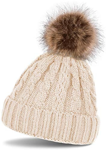 styleBREAKER Bonnet Unisexe à Torsades et Pompon Fausse Fourrure,Beige