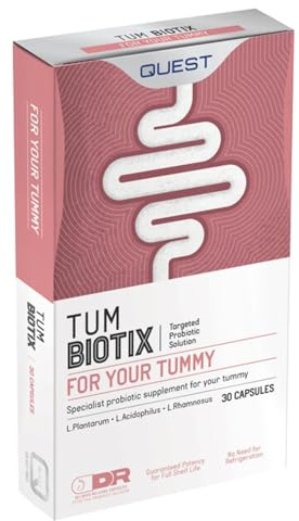 Quest Tum Biotix Gut Health Probiotics Supplements & Balance Gut Flora. 2 Billion CFU Helps Restore Gut Friendly Bacteria. Vegan Multi Strain Probiotic Digestive Supplement (30 Capsules)
