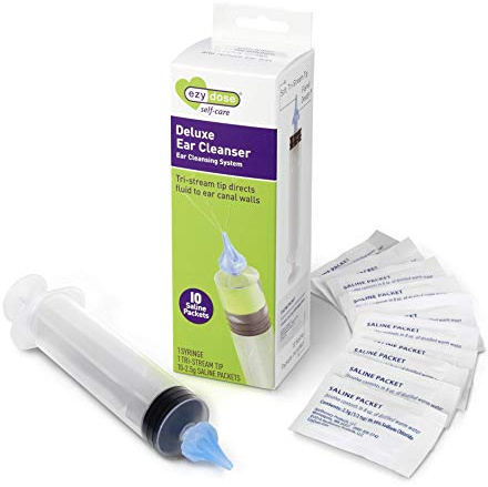 Ezy Dose Ear and Ear Wax Cleaner for Humans, Includes 10 Saline Packs, Syringe with Tri-Stream Tip, Safe and Antibacterial, BPA Free Ear Cleaning Solution