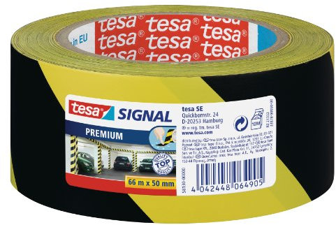 tesa SIGNAL Premium - Cinta de Señalización Multiusos - Cinta Adhesiva de Balizar para la Señalización Permanente de Zonas o Áreas de Peligro - Negro y Amarillo - 66 m x 50 mm