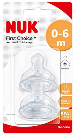 NUK First Choice+ Anti-Colic-Trinksauger Silikon | kiefergerechte NUK Form | Größe 1 (0-6 Monate) M für Milch | 2 Stück