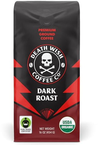 Death Wish Coffee, Organic and Fair Trade Dark Roast Ground Coffee, 16 oz