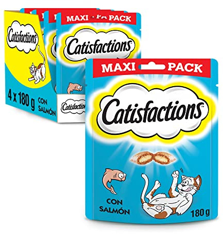 CATISFACTIONS Friandises pour Chat et Chaton Saveur Saumon - 180g - Croquantes à l'Extérieur Tendres à l'Intérieur - Idéal pour Partager un Moment de Complicité -4 x 180g