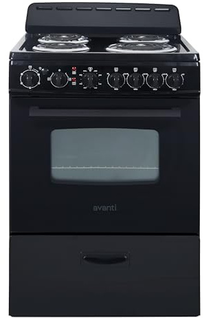 Avanti Electric Range Oven Compact Design, 2.6-Cu.Ft. Capacity with 4 Coil Burners, Framed Glass Oven Door, Storage Drawer and Broiler with Pan Perfect for Apartment RV Tiny Home, 24-Inch, Black
