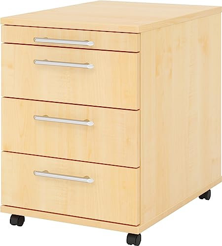 bümö Basic Rollcontainer mit Schubladen, Container aus Holz in Ahorn - Rollwagen für's Büro als Schreibtisch Unterschrank, Bürocontainer od. Schreibtischcontainer mit Relinggriffe