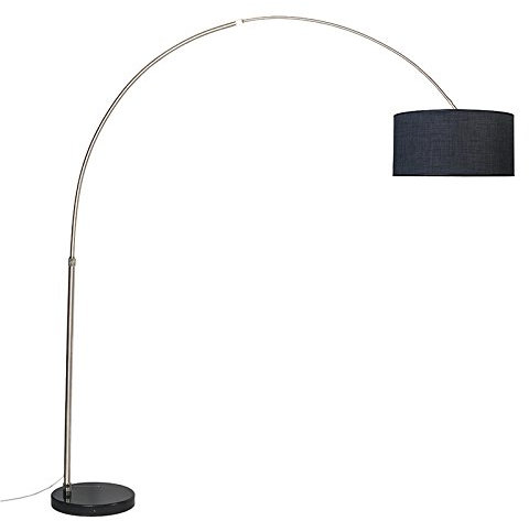 Qazqa - Modern Bogenleuchte I Bogenlampe I Lampe I Leuchte stahl I nickel matt Stoffschirm schwarz 50 cm - XXL I Wohnzimmer - Stahl Länglich - LED geeignet E27