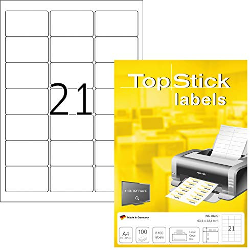 TopStick A4 Self Adhesive Address Labels, 21 Labels Per Sheet, 100 Sheets, 2,100 Labels, 63.5 x 38.1 mm, Blank Printer Labels For Laser & Inkjet, Printable Sticky Paper Labels for Office & Home