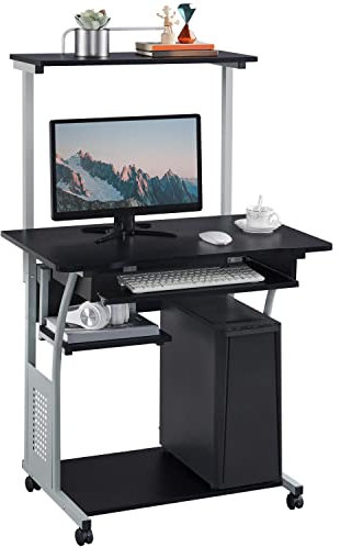 Topeakmart 3 Tier Computer Desk with Printer Shelf and Keyboard Tray, Home Office Desk Computer Workstation Rolling Study PC Laptop Table for Small Spaces Black