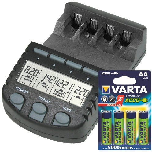 Technoline BC 700 - Cargador de pilas (incluye 4 pilas AA Varta de 2100 mAh), color negro