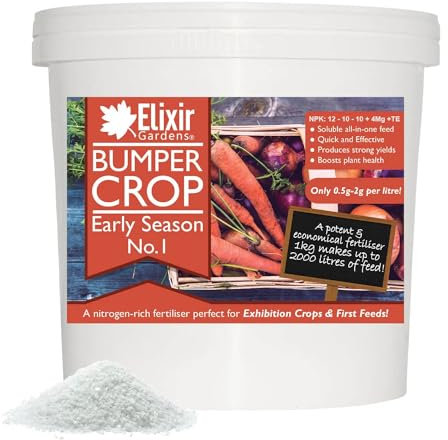 Elixir Gardens Bumper Crop Soluble No.1 Early Season Plant Food | High Nitrogen First Feed Fertiliser | Perfect for Exhibition Crops | N.P.K: 12-10-10 + TE | Various Sizes 500g-20kg | 1kg Bucket