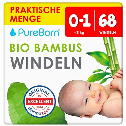 PureBorn Pañales Bebé Ecológicos de Bambú, Talla Recién Nacido, 68 piezas, Hipoalergénicos, Ultrasuaves, Estampado Surtido